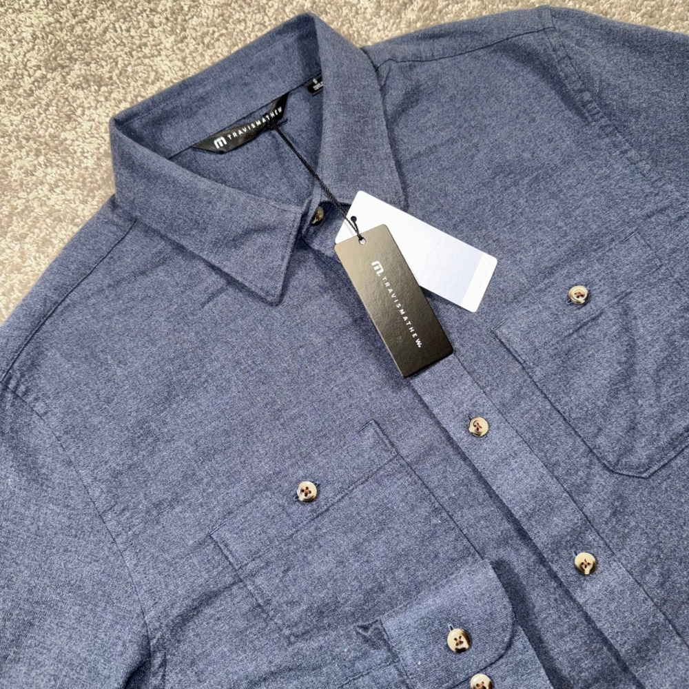 Travis Mathew Cloud Flannel Button Up Shirt Mens Long Sleeve Blue Small NEW